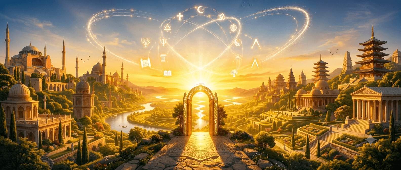 A golden gateway opening onto a sunset skyline blending mosque, cathedral, pagoda and temple architecture, with orbiting symbols of the world's faith and philosophical traditions
