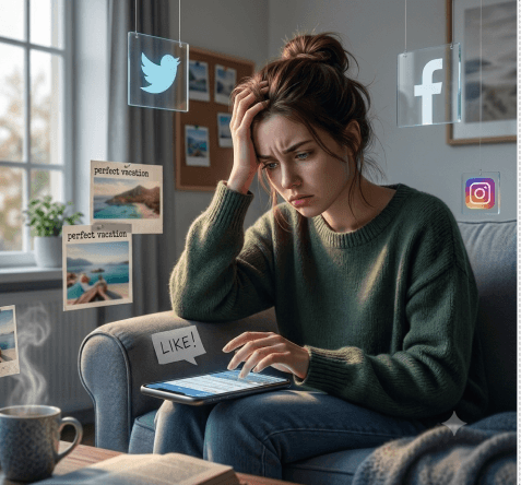 A person overwhelmed by endless social feeds and notifications